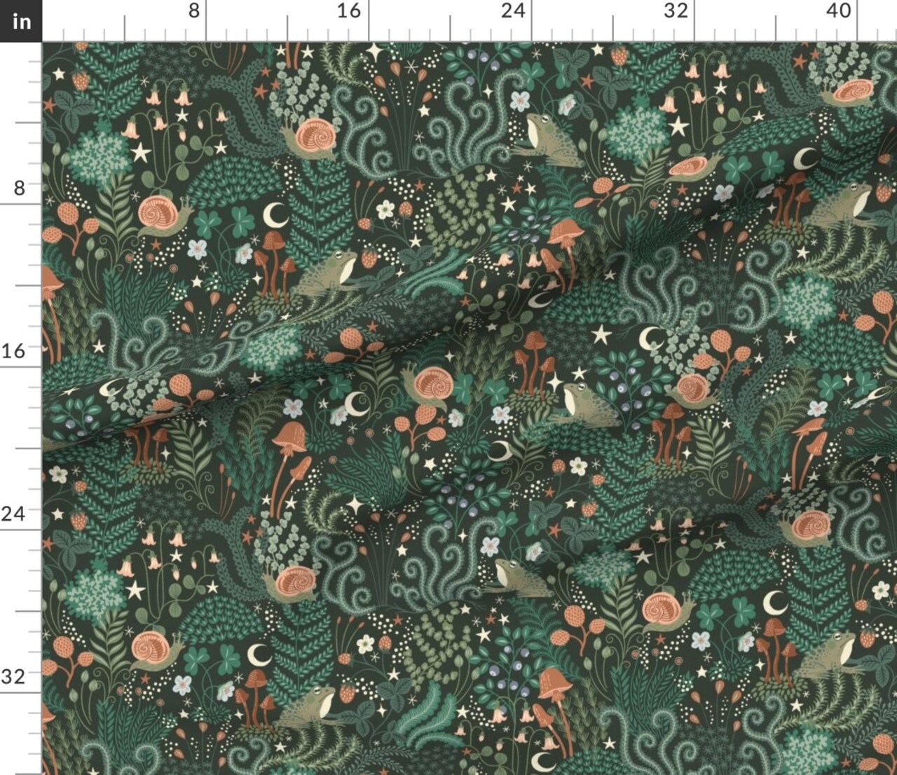 Fairy Tale Forest Frog Snail Green Fern Magic Scandinavian Moon Mushroom Night Sky Custom Printed Fabric by Spoonflower Various Fabrics by the Yard or Fat Quarter